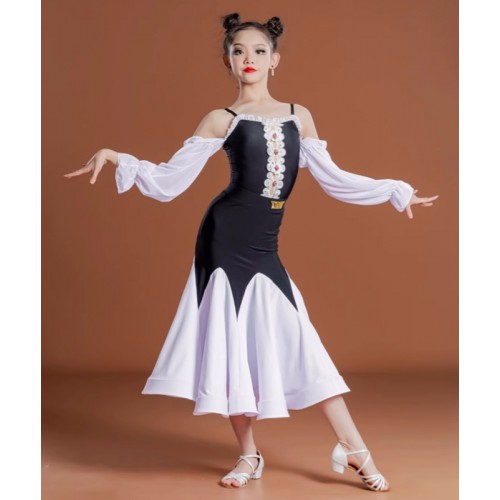 Girls black with white ballroom dance dresses kids waltz tango dew shoulder modern dance long swing skirts for children